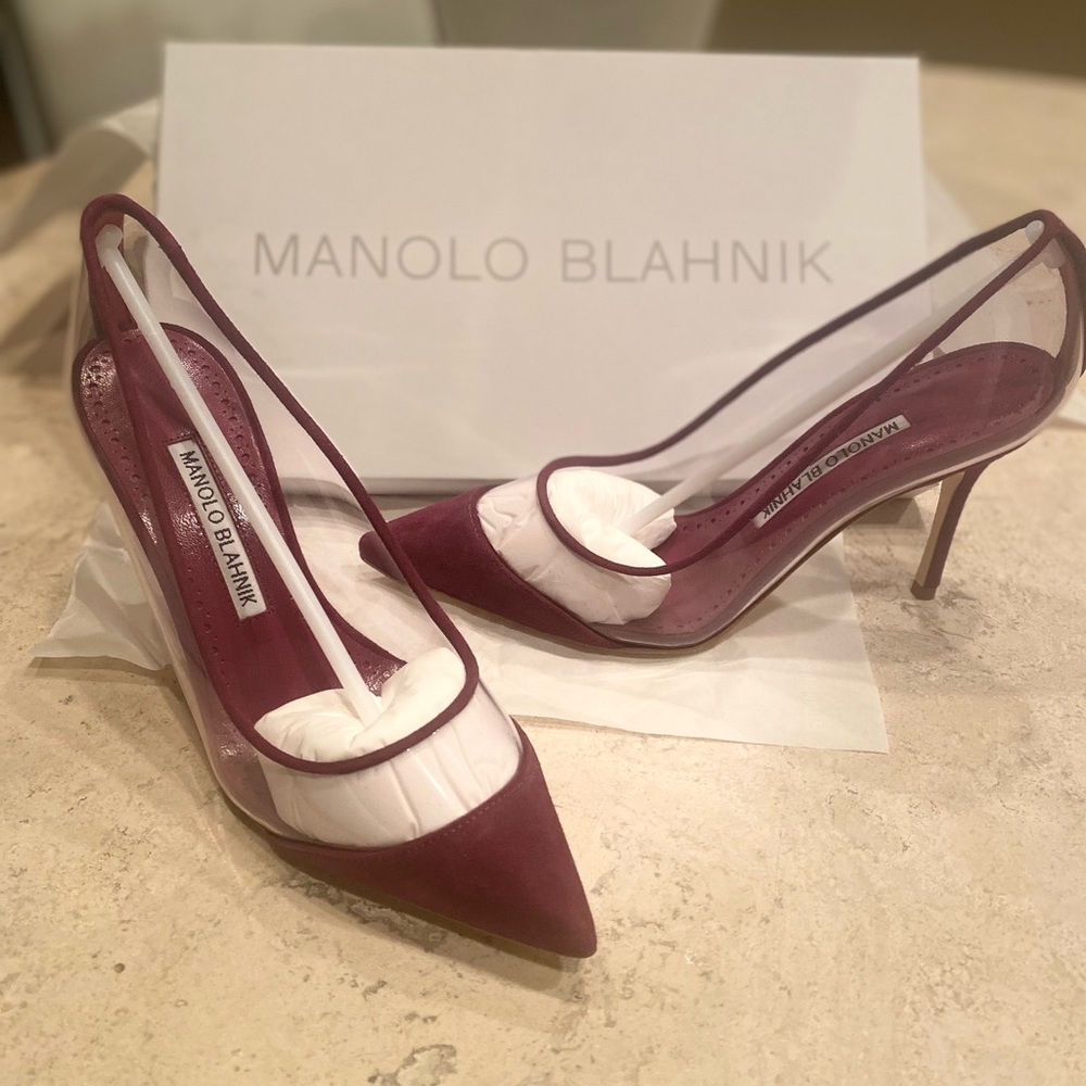 Manolo Blahnik Pachana 90 MM Suede & PVC Pumps Purple Size 5 (35)